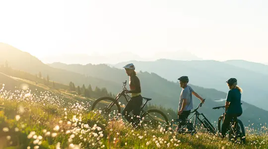 drei Personen stehen mit Fahrrad in der Wiese