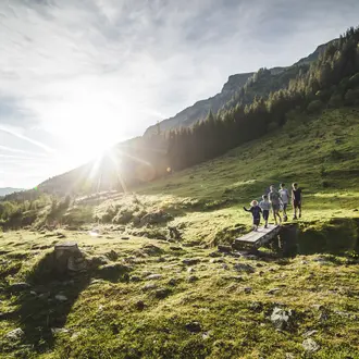 Wandergruppe auf kleiner Holzbrücke vor grüner Berglandschaft im Sonnenschein