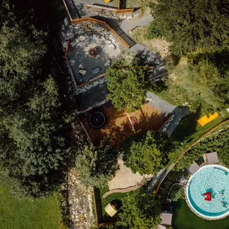 Draufsicht auf einen Garten mit Feuerstelle, Trampolin, Spielplatz und Pool