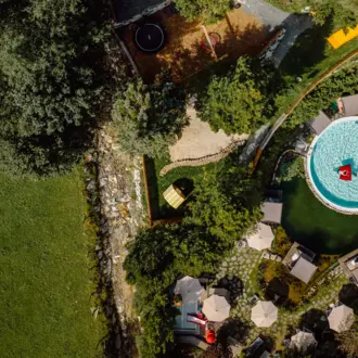 Draufsicht auf einen Garten mit Feuerstelle, Trampolin, Spielplatz und Pool