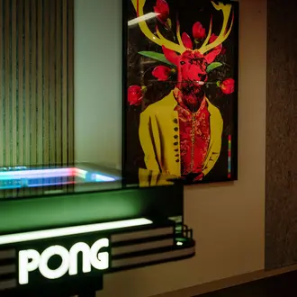 Pong-Automat neben Hirsch-Gemälde mit gelber Jacke und roten Rosen