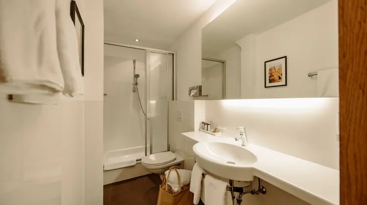 Helles Badezimmer mit Dusche, Waschbecken und Toilette