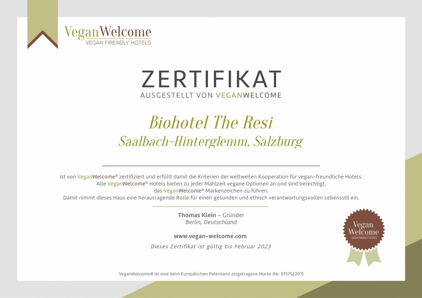 certificate for vegan-friendly hotels